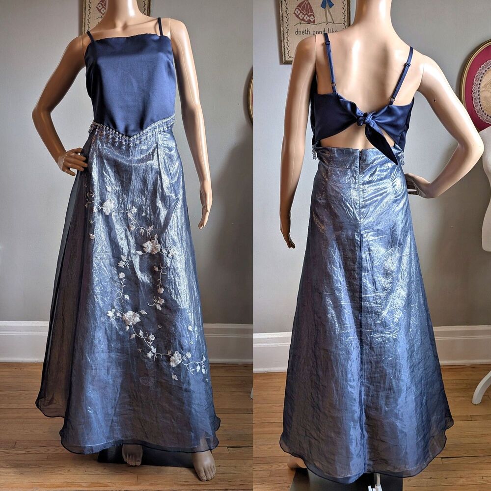 Vintage 90s y2k Scene Prom Gown Blue Floral Embroidery Beaded Fringe Size 9/10